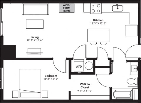 Floor plan for 1 bed, 1 bath, 737 sqft